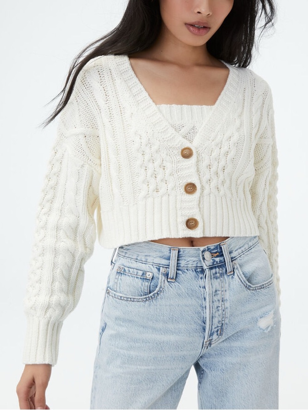 NWT Aeropostale Oversized Cable Knit Cropped V Neck Cardigan Sweater Cream XL